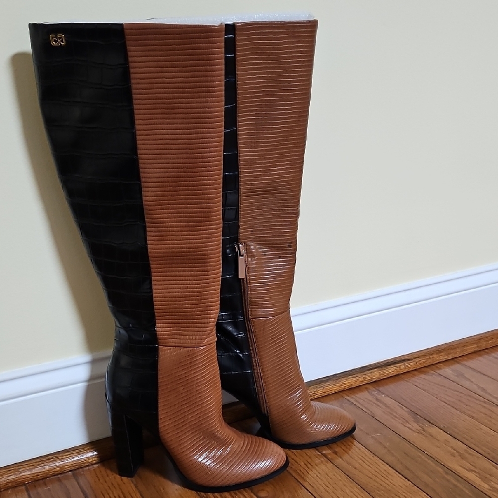 Calvin Klein Kerie Black and Brown Knee-High 4in Block Heel Boots